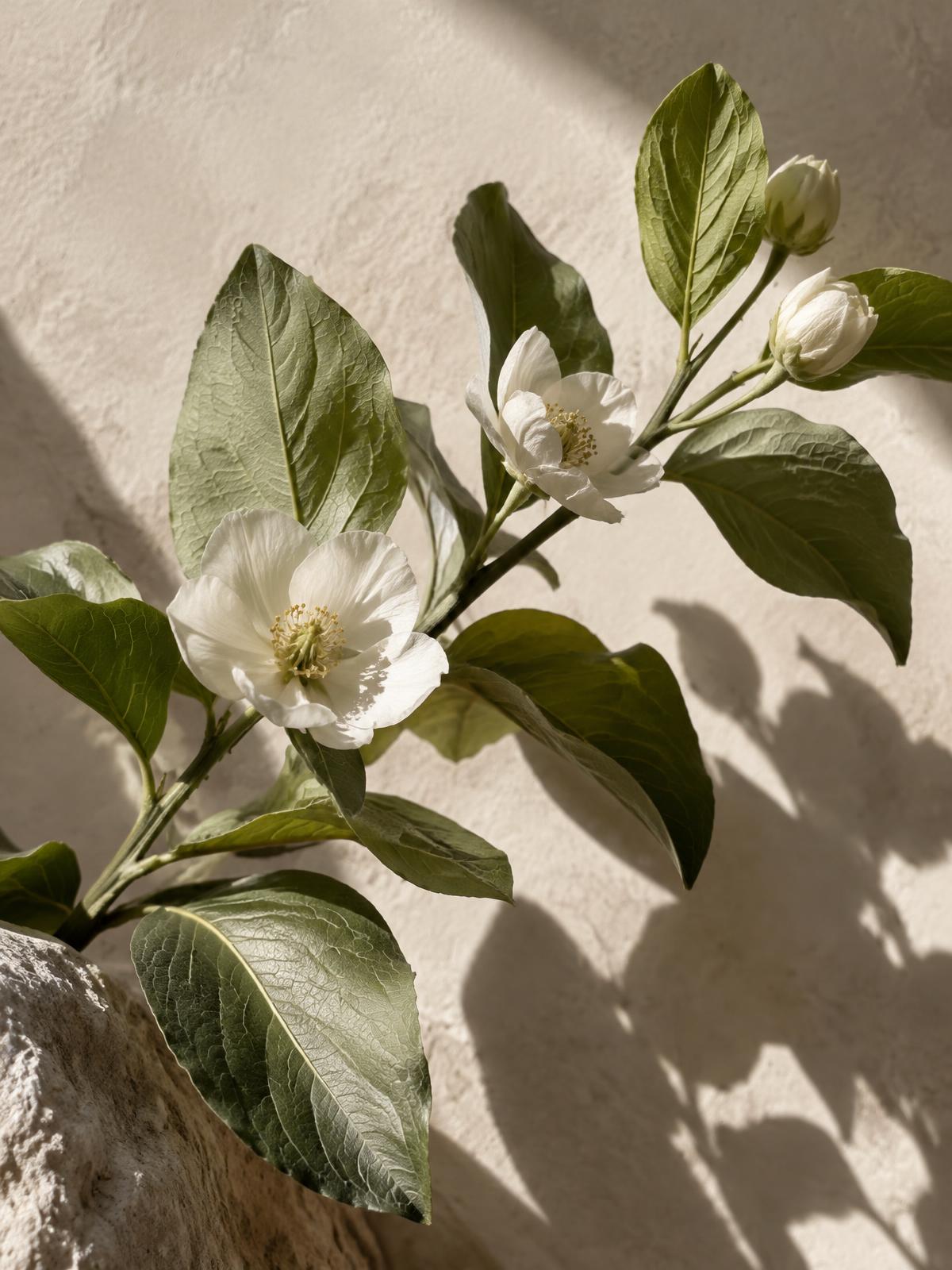 White blossoms and leaves in natural sunlight