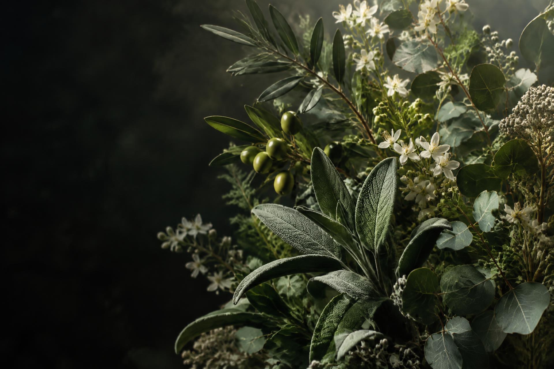 Lush sage leaves and white botanicals in soft light